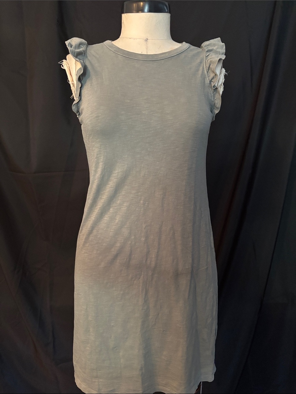 Sleeveless Ruffle Shoulder Shift Dress in Dusty Blue